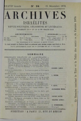 Archives israélites de France. Vol.37 N°24 (15 déc. 1876)